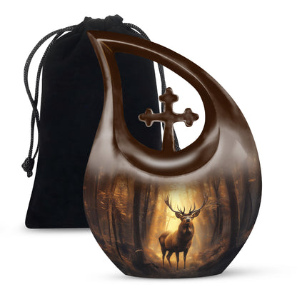 Warm Gold Deer Cremation Urn top-down view of secure threaded lid - devotional cross-drop deer engraving - full-size 10 inch 200 cubic inch adult cremation urn