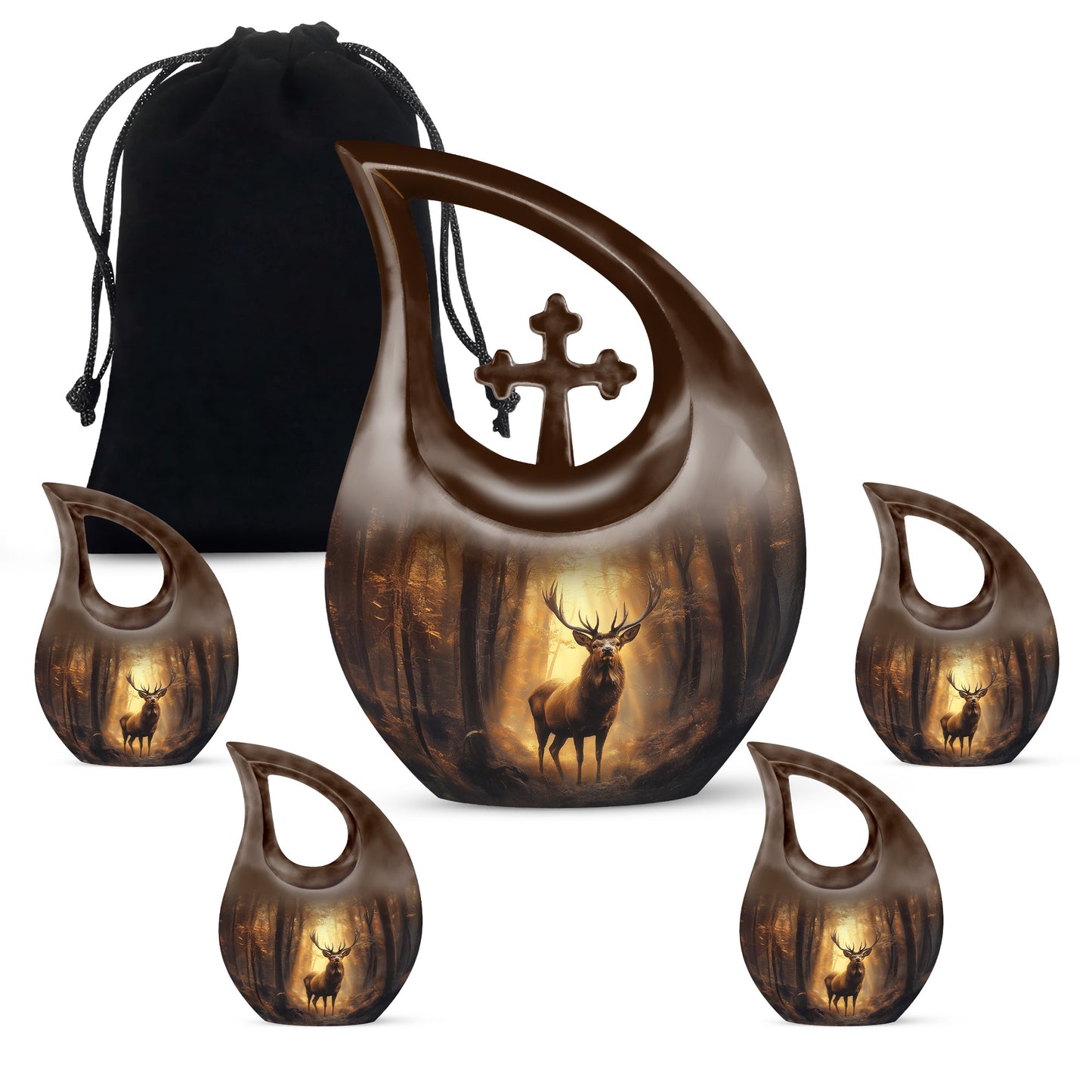 Matte Gold Deer Cremation Urn urn with complimentary velvet bag - devotional cross-drop deer engraving - memorial set with one large and four small urns