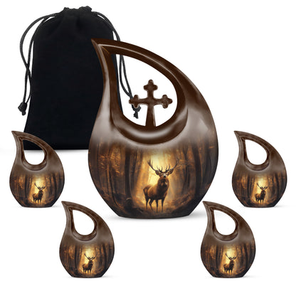 Matte Gold Deer Cremation Urn urn with complimentary velvet bag - devotional cross-drop deer engraving - memorial set with one large and four small urns