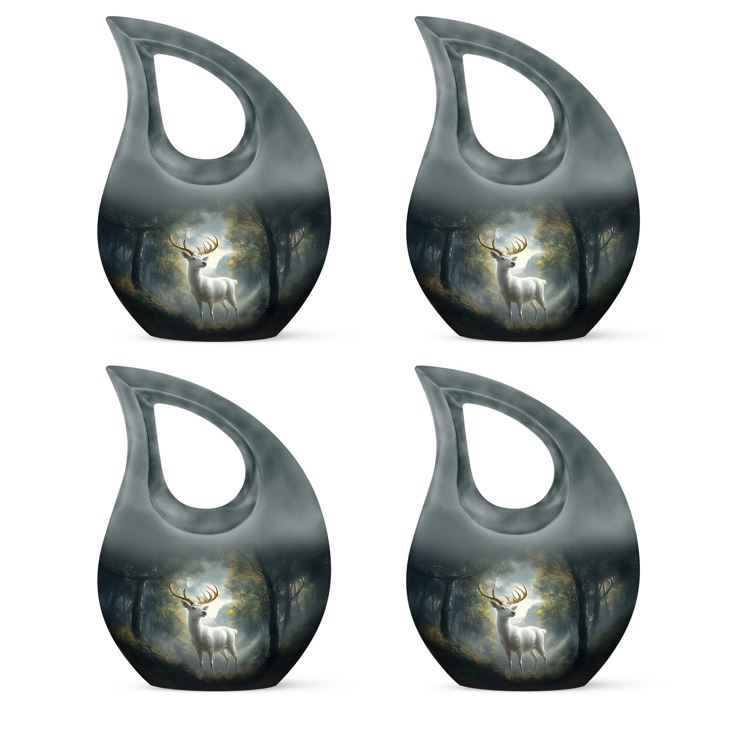 Rich Black Deer Cremation Urn lifestyle display on memorial shelf - sacred cross merged with deer motif on metal - 10 inch aluminum urn for cremated remains