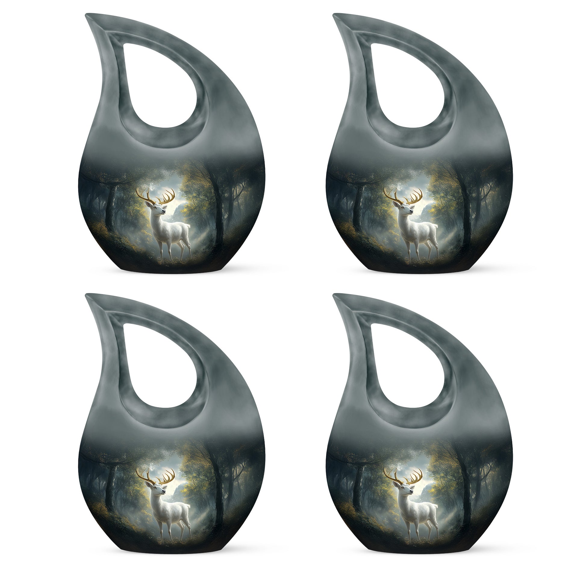 Rich Black Deer Cremation Urn lifestyle display on memorial shelf - sacred cross merged with deer motif on metal - 10 inch aluminum urn for cremated remains