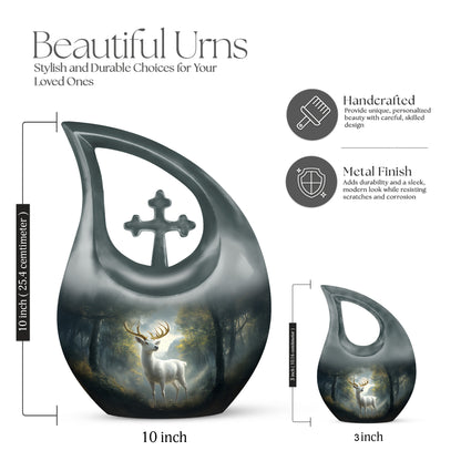 Ebony Deer Cremation Urn back view with polished surface - cross and deer combined in spiritual memorial design - mini keepsake memorial for portion of cremation ashes