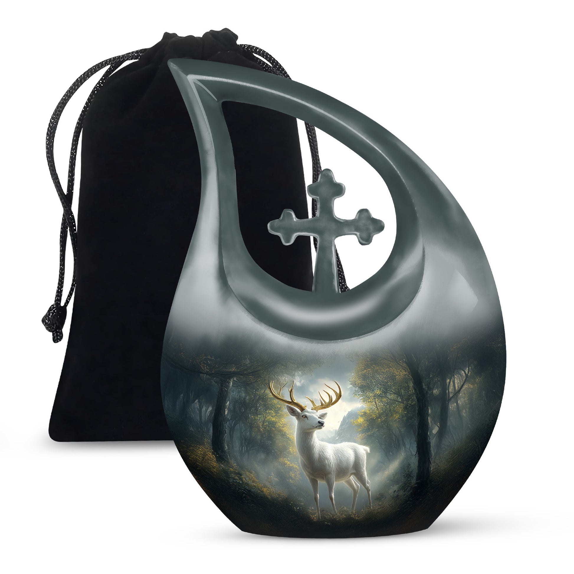 Obsidian Black Deer Cremation Urn top-down view of secure threaded lid - faith-inspired cross-drop urn with deer pattern - full-size 10 inch 200 cubic inch adult cremation urn