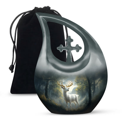 Obsidian Black Deer Cremation Urn top-down view of secure threaded lid - faith-inspired cross-drop urn with deer pattern - full-size 10 inch 200 cubic inch adult cremation urn