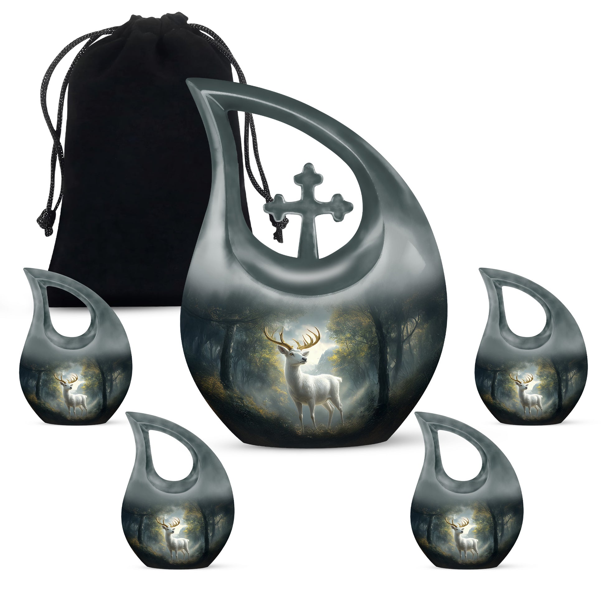 Jet Black Deer Cremation Urn urn with complimentary velvet bag - sacred cross merged with deer motif on metal - memorial set with one large and four small urns