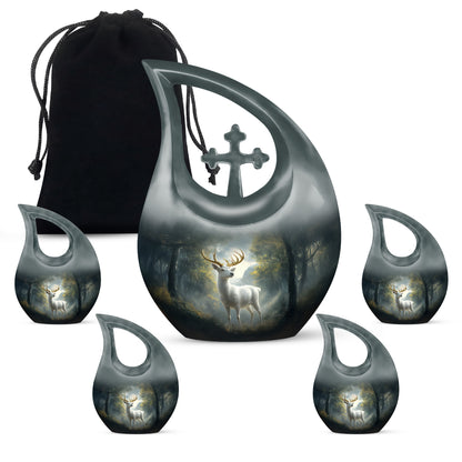 Jet Black Deer Cremation Urn urn with complimentary velvet bag - sacred cross merged with deer motif on metal - memorial set with one large and four small urns