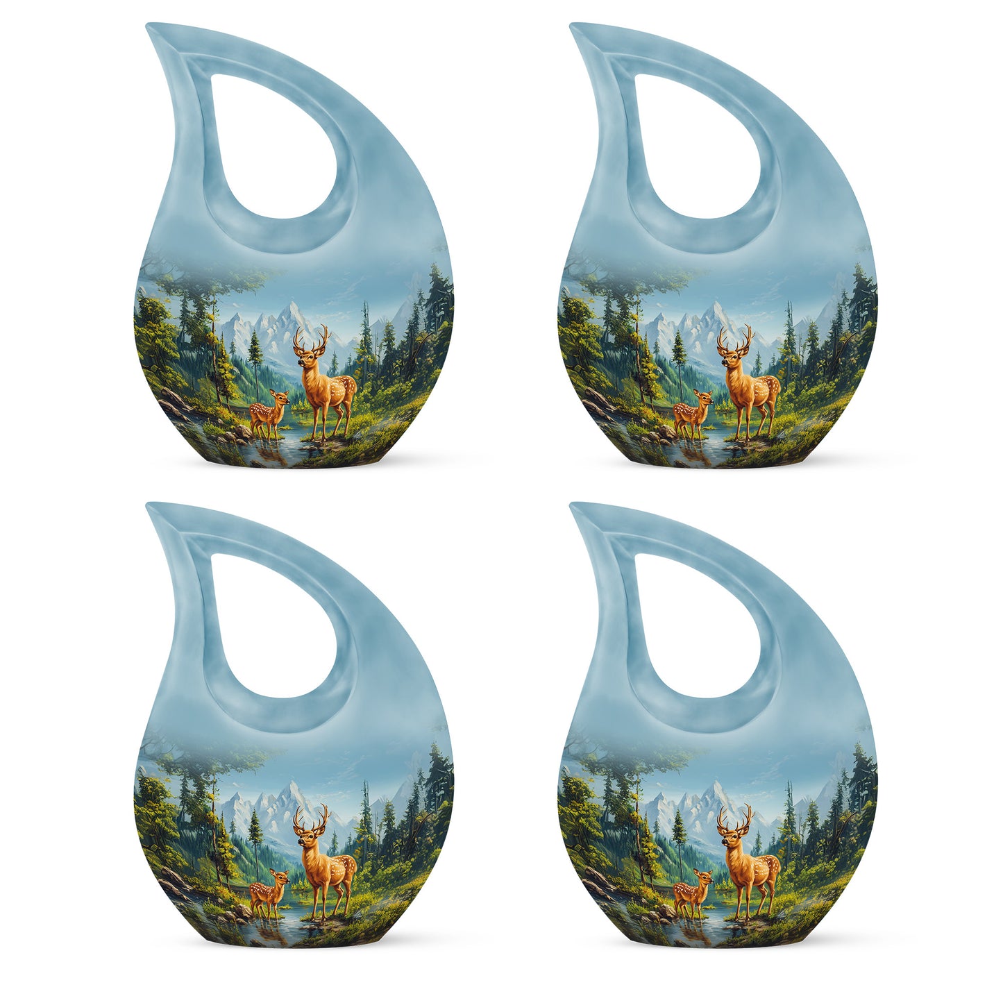 Cobalt Blue Deer Cremation Urn lifestyle display on memorial shelf - faith-inspired cross-drop urn with deer pattern - 10 inch aluminum urn for cremated remains