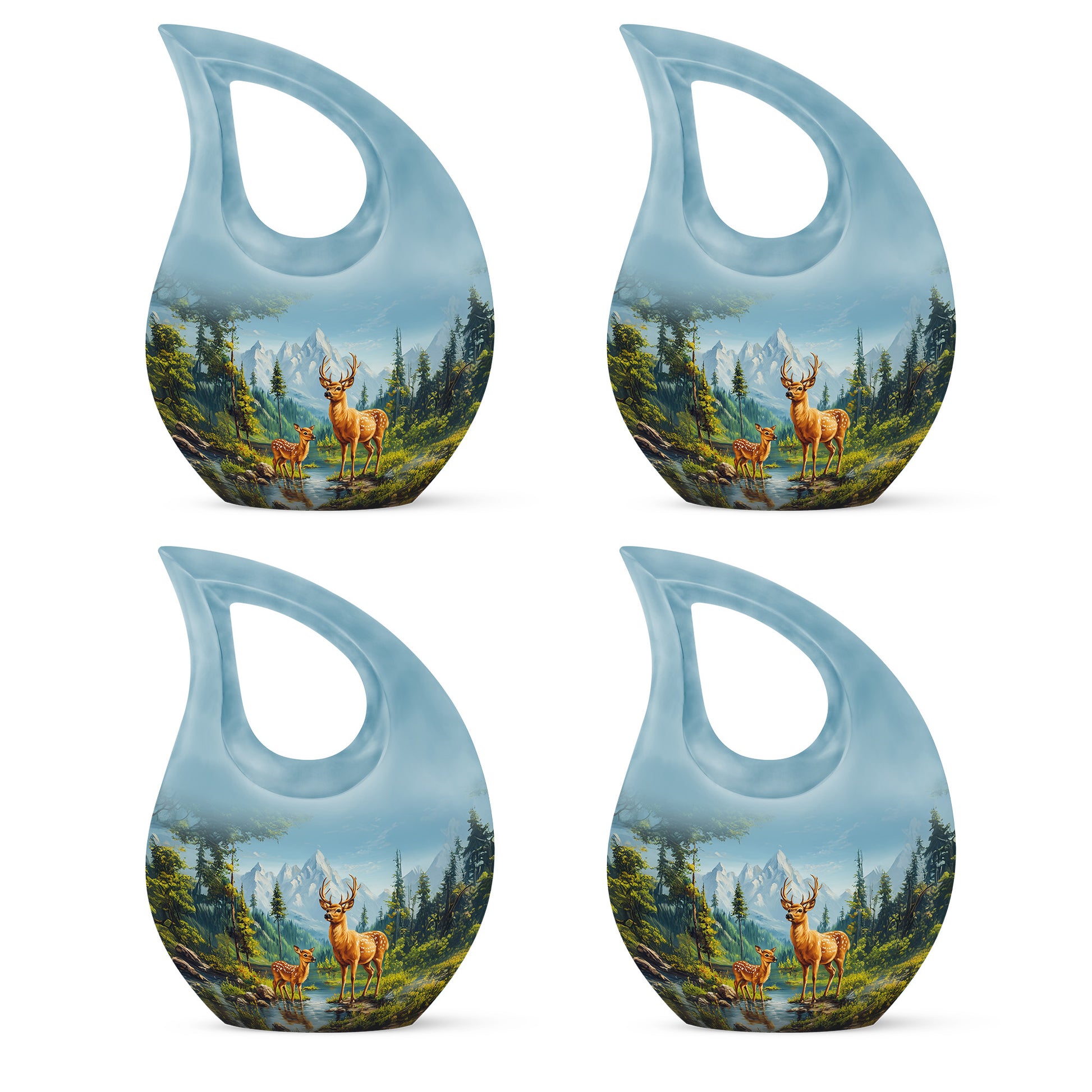 Cobalt Blue Deer Cremation Urn lifestyle display on memorial shelf - faith-inspired cross-drop urn with deer pattern - 10 inch aluminum urn for cremated remains