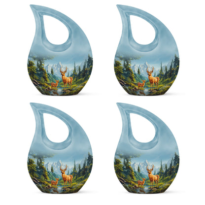 Cobalt Blue Deer Cremation Urn lifestyle display on memorial shelf - faith-inspired cross-drop urn with deer pattern - 10 inch aluminum urn for cremated remains