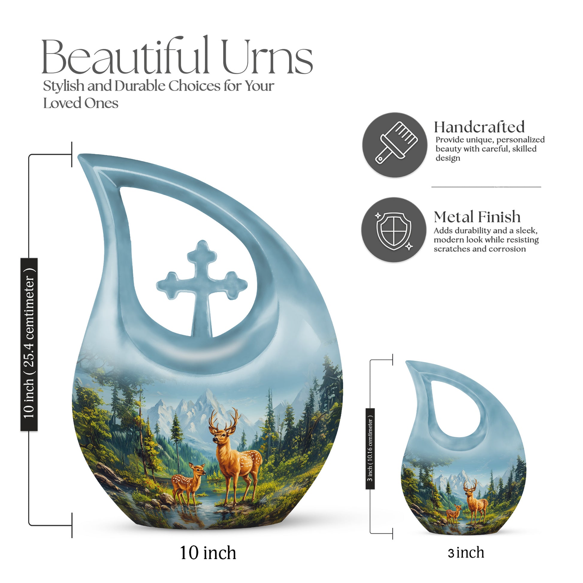 Cobalt Blue Deer Cremation Urn back view with polished surface - faith-inspired cross-drop urn with deer pattern - mini keepsake memorial for portion of cremation ashes