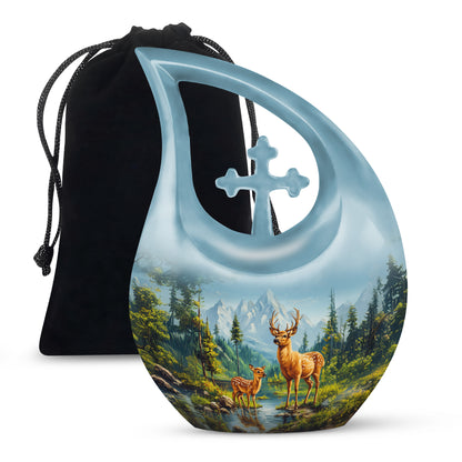 Celestial Blue Deer Cremation Urn top-down view of secure threaded lid - sacred cross merged with deer motif on metal - full-size 10 inch 200 cubic inch adult cremation urn