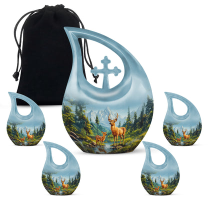 Indigo Deer Cremation Urn urn with complimentary velvet bag - sacred cross merged with deer motif on metal - memorial set with one large and four small urns