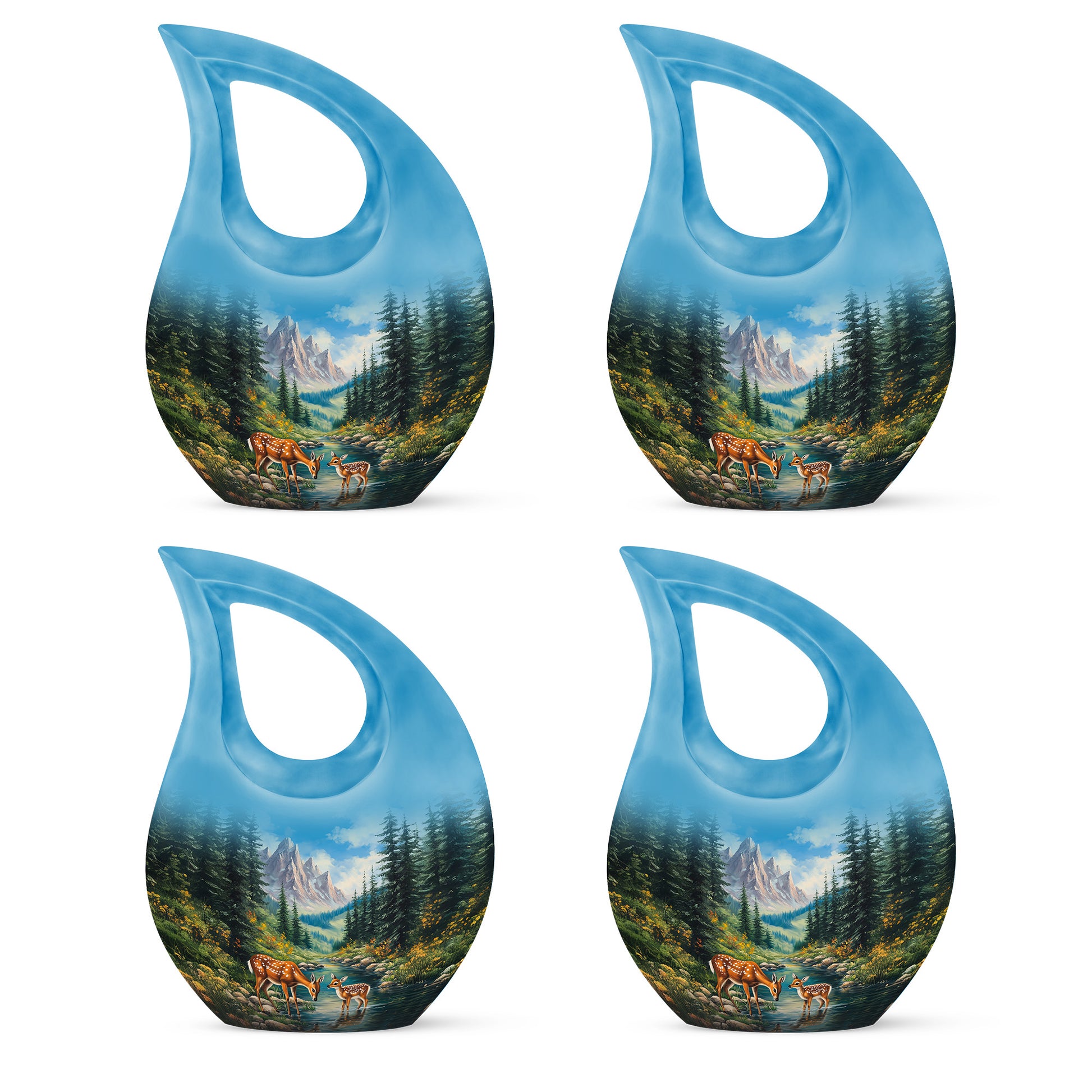 Sky Blue Deer Cremation Urn lifestyle display on memorial shelf - cross and deer combined in spiritual memorial design - 10 inch aluminum urn for cremated remains