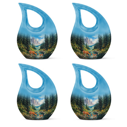 Sky Blue Deer Cremation Urn lifestyle display on memorial shelf - cross and deer combined in spiritual memorial design - 10 inch aluminum urn for cremated remains