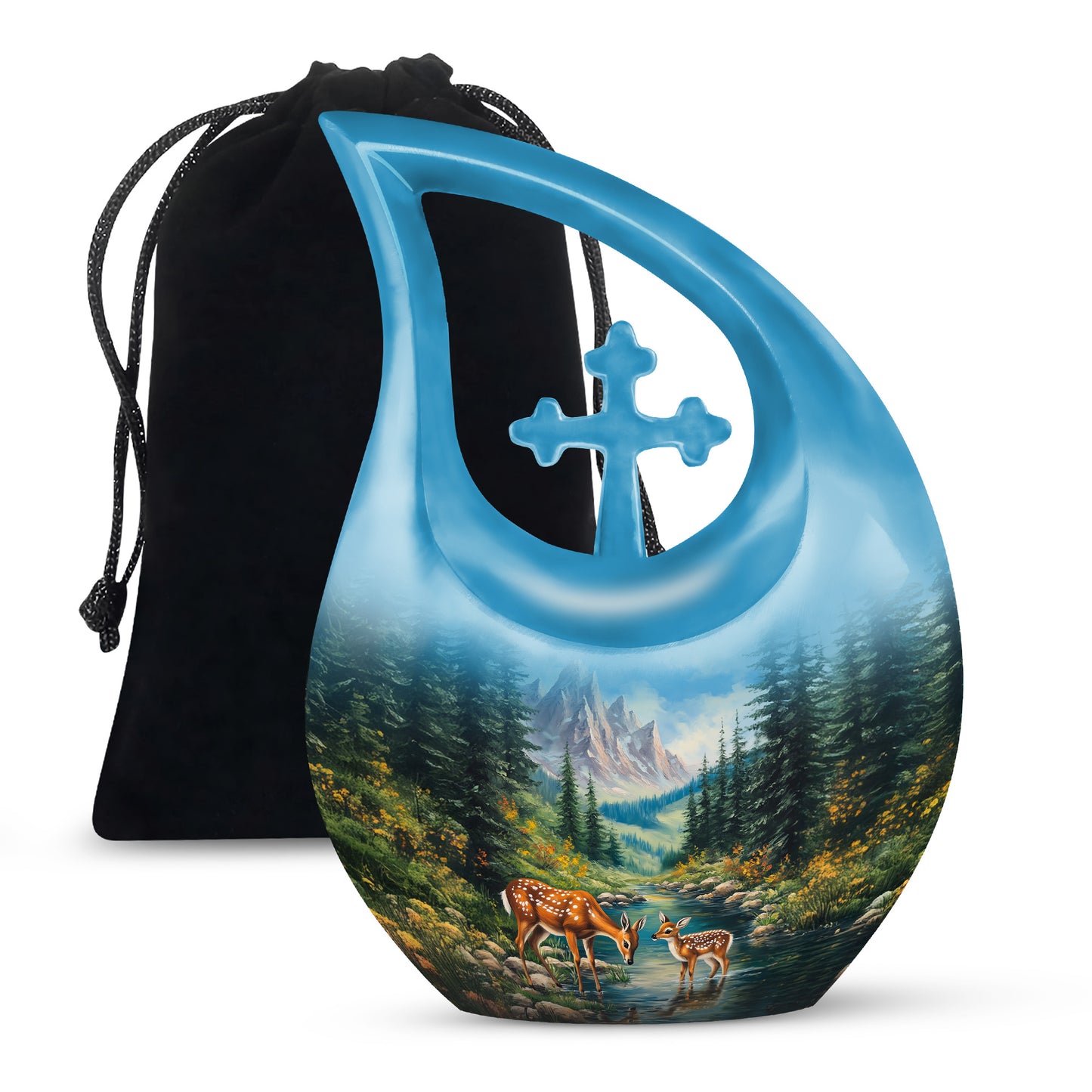 Indigo Deer Cremation Urn top-down view of secure threaded lid - sacred cross merged with deer motif on metal - full-size 10 inch 200 cubic inch adult cremation urn