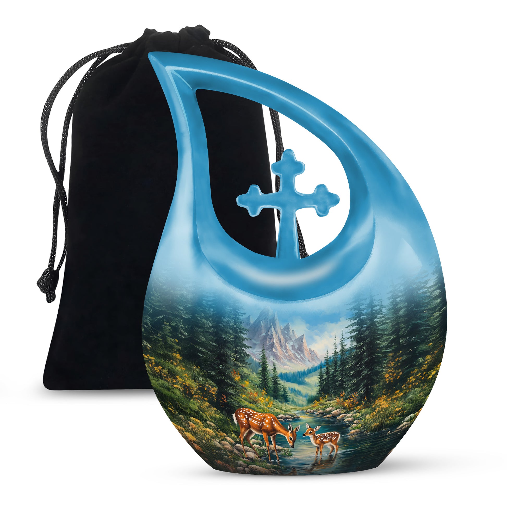 Indigo Deer Cremation Urn top-down view of secure threaded lid - sacred cross merged with deer motif on metal - full-size 10 inch 200 cubic inch adult cremation urn