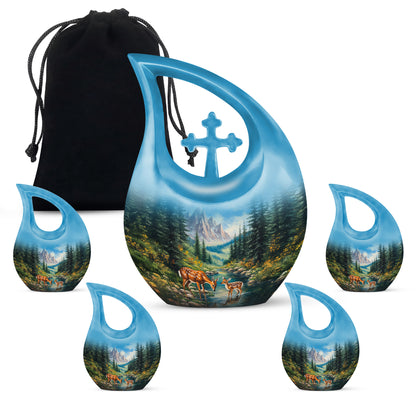 Misty Blue Deer Cremation Urn urn with complimentary velvet bag - sacred cross merged with deer motif on metal - memorial set with one large and four small urns