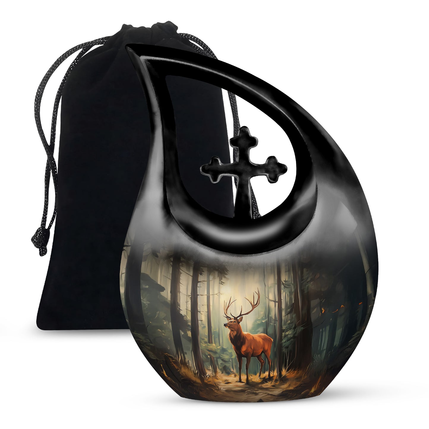 Charcoal Black Deer Cremation Urn top-down view of secure threaded lid - devotional cross-drop deer engraving - full-size 10 inch 200 cubic inch adult cremation urn