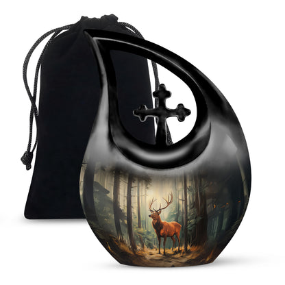 Charcoal Black Deer Cremation Urn top-down view of secure threaded lid - devotional cross-drop deer engraving - full-size 10 inch 200 cubic inch adult cremation urn