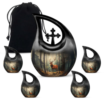 Onyx Black Deer Cremation Urn urn with complimentary velvet bag - faith-inspired cross-drop urn with deer pattern - memorial set with one large and four small urns