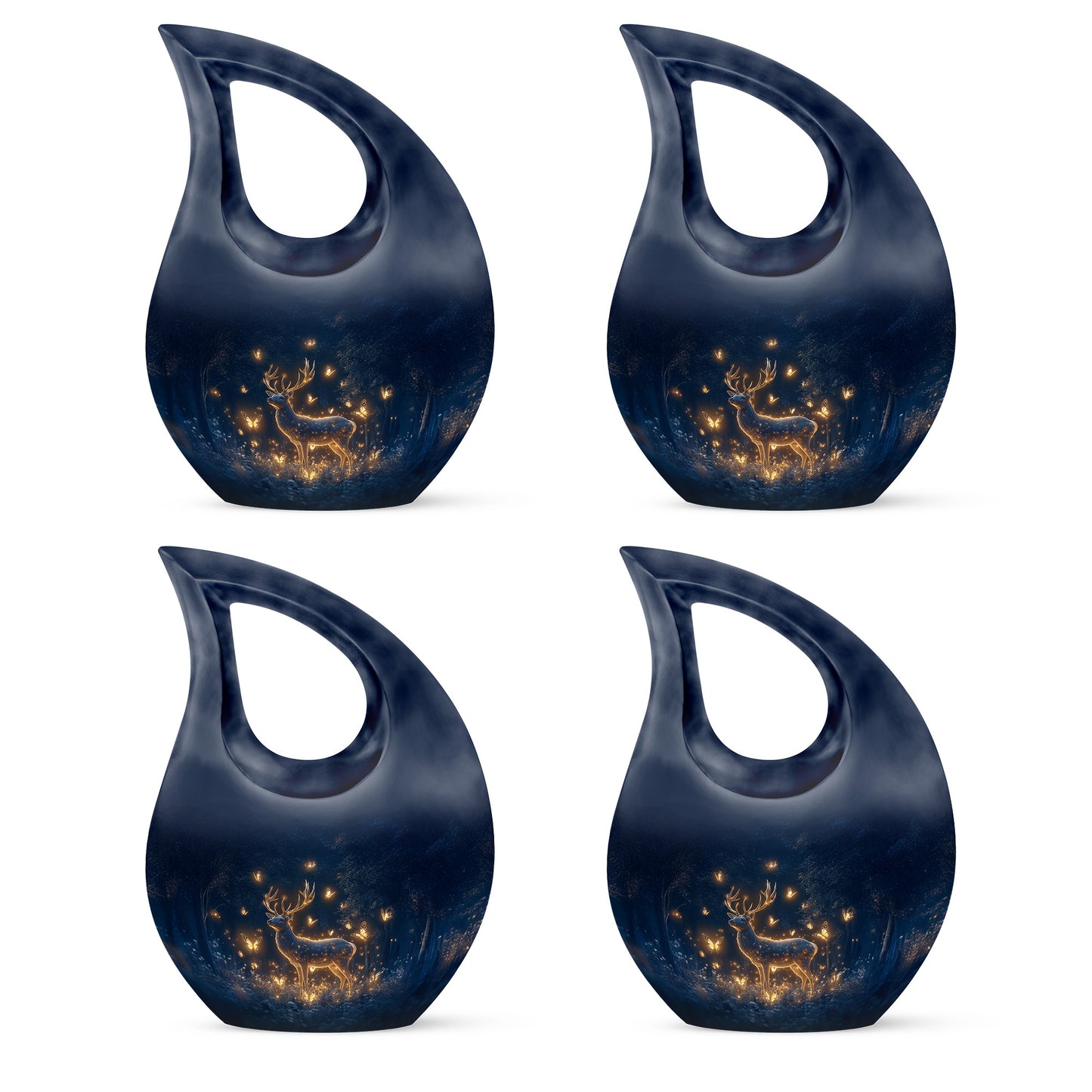 Misty Blue Deer Cremation Urn lifestyle display on memorial shelf - sacred cross merged with deer motif on metal - 10 inch aluminum urn for cremated remains