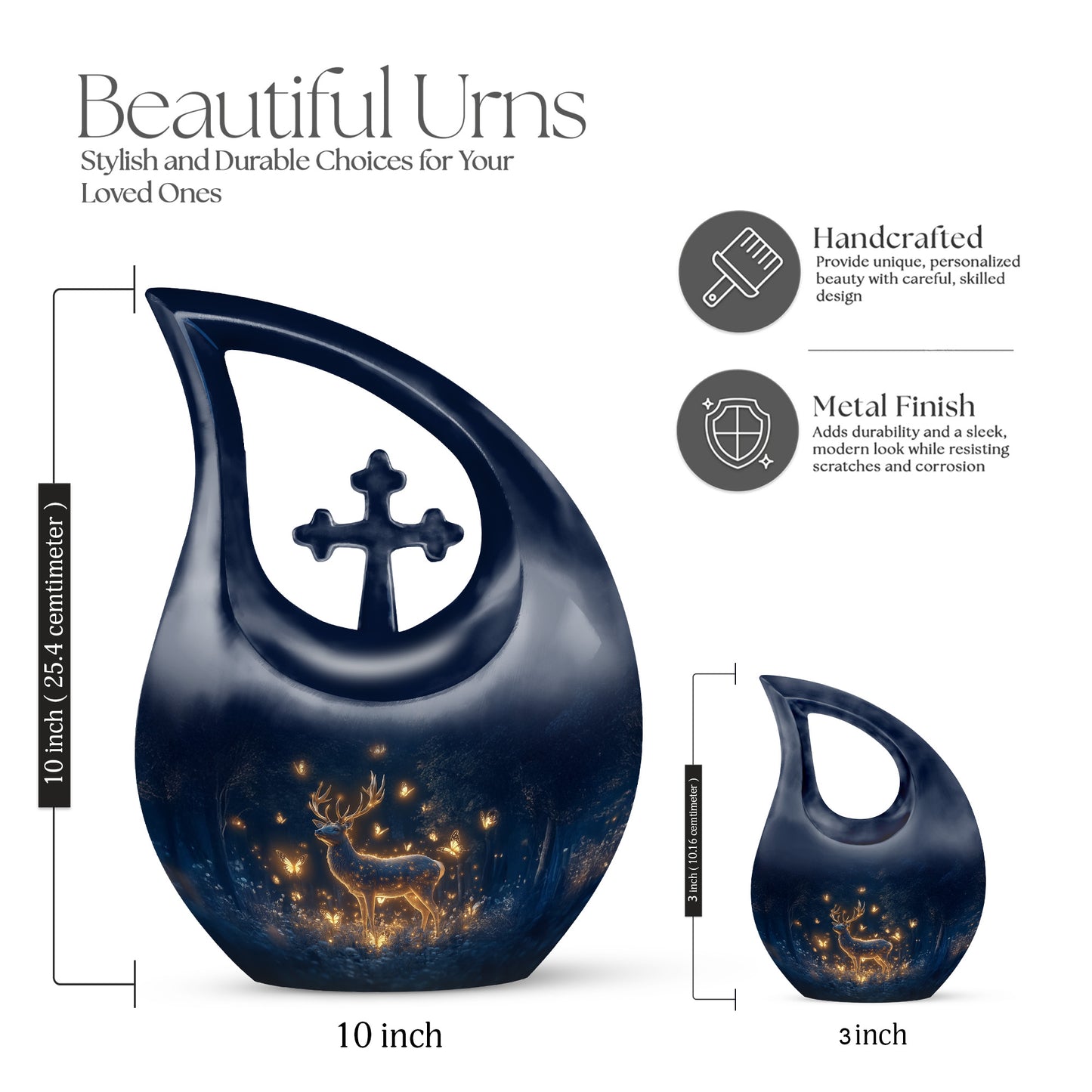 Slate Blue Deer Cremation Urn back view with polished surface - cross and deer combined in spiritual memorial design - mini keepsake memorial for portion of cremation ashes