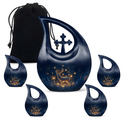 Serene Blue Deer Cremation Urn urn with complimentary velvet bag - devotional cross-drop deer engraving - memorial set with one large and four small urns