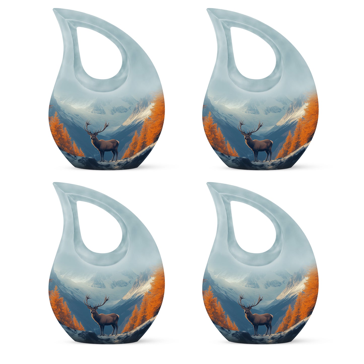 Serene Blue Deer Cremation Urn lifestyle display on memorial shelf - faith-inspired cross-drop urn with deer pattern - 10 inch aluminum urn for cremated remains