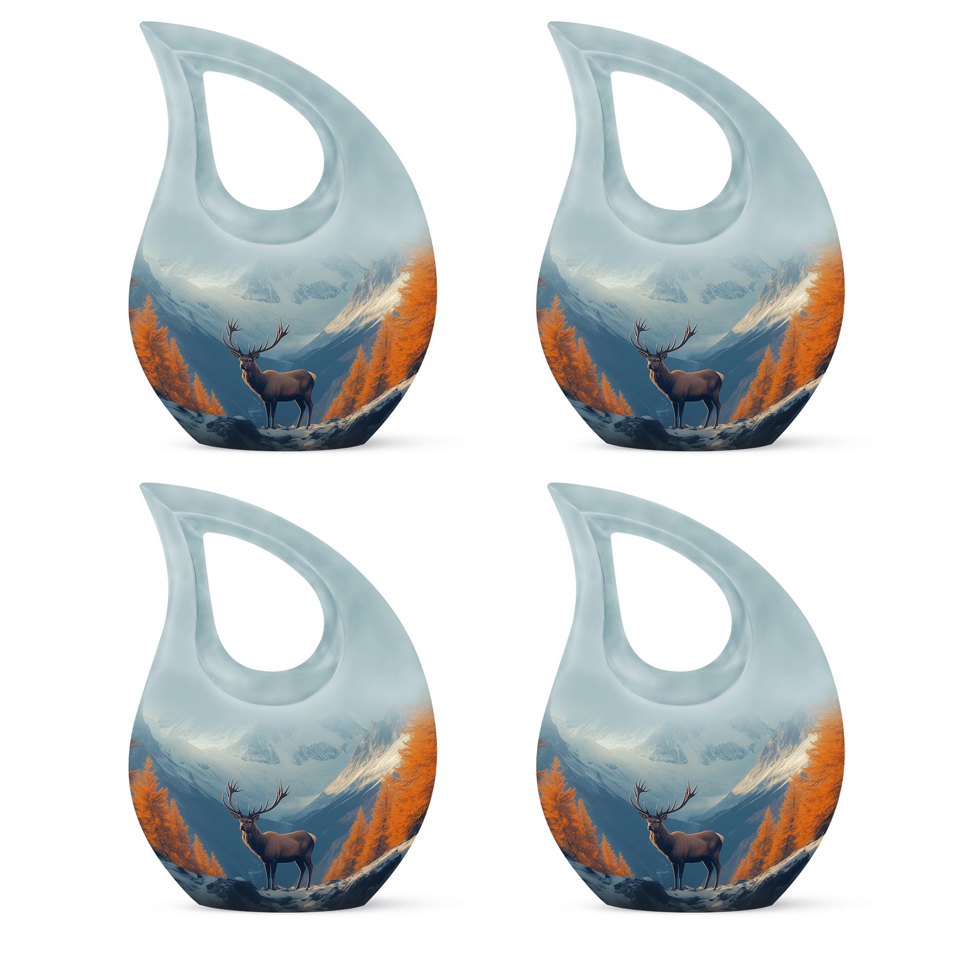 Serene Blue Deer Cremation Urn lifestyle display on memorial shelf - faith-inspired cross-drop urn with deer pattern - 10 inch aluminum urn for cremated remains
