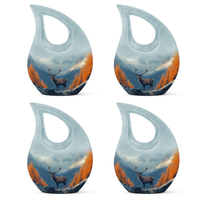 Serene Blue Deer Cremation Urn lifestyle display on memorial shelf - faith-inspired cross-drop urn with deer pattern - 10 inch aluminum urn for cremated remains
