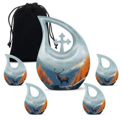 Vivid Blue Deer Cremation Urn urn with complimentary velvet bag - devotional cross-drop deer engraving - memorial set with one large and four small urns