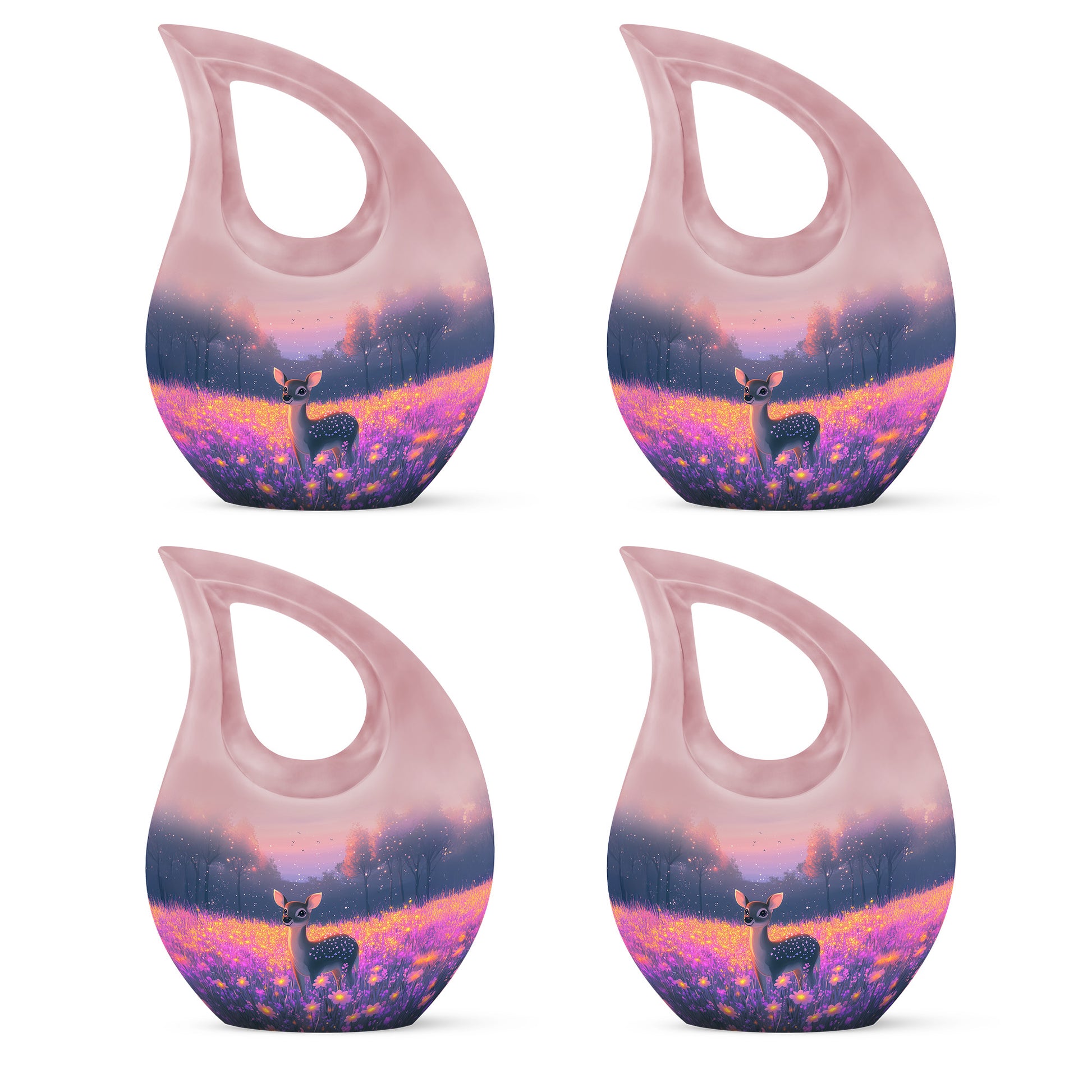 Soft Pink Deer Cremation Urn lifestyle display on memorial shelf - faith-inspired cross-drop urn with deer pattern - 10 inch aluminum urn for cremated remains