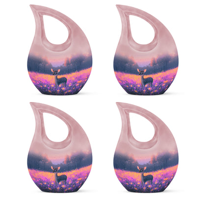 Soft Pink Deer Cremation Urn lifestyle display on memorial shelf - faith-inspired cross-drop urn with deer pattern - 10 inch aluminum urn for cremated remains
