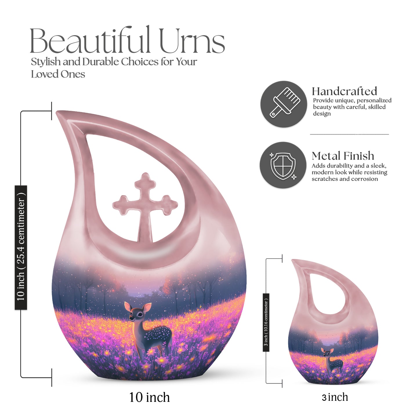 Rose Pink Deer Cremation Urn back view with polished surface - sacred cross merged with deer motif on metal - mini keepsake memorial for portion of cremation ashes