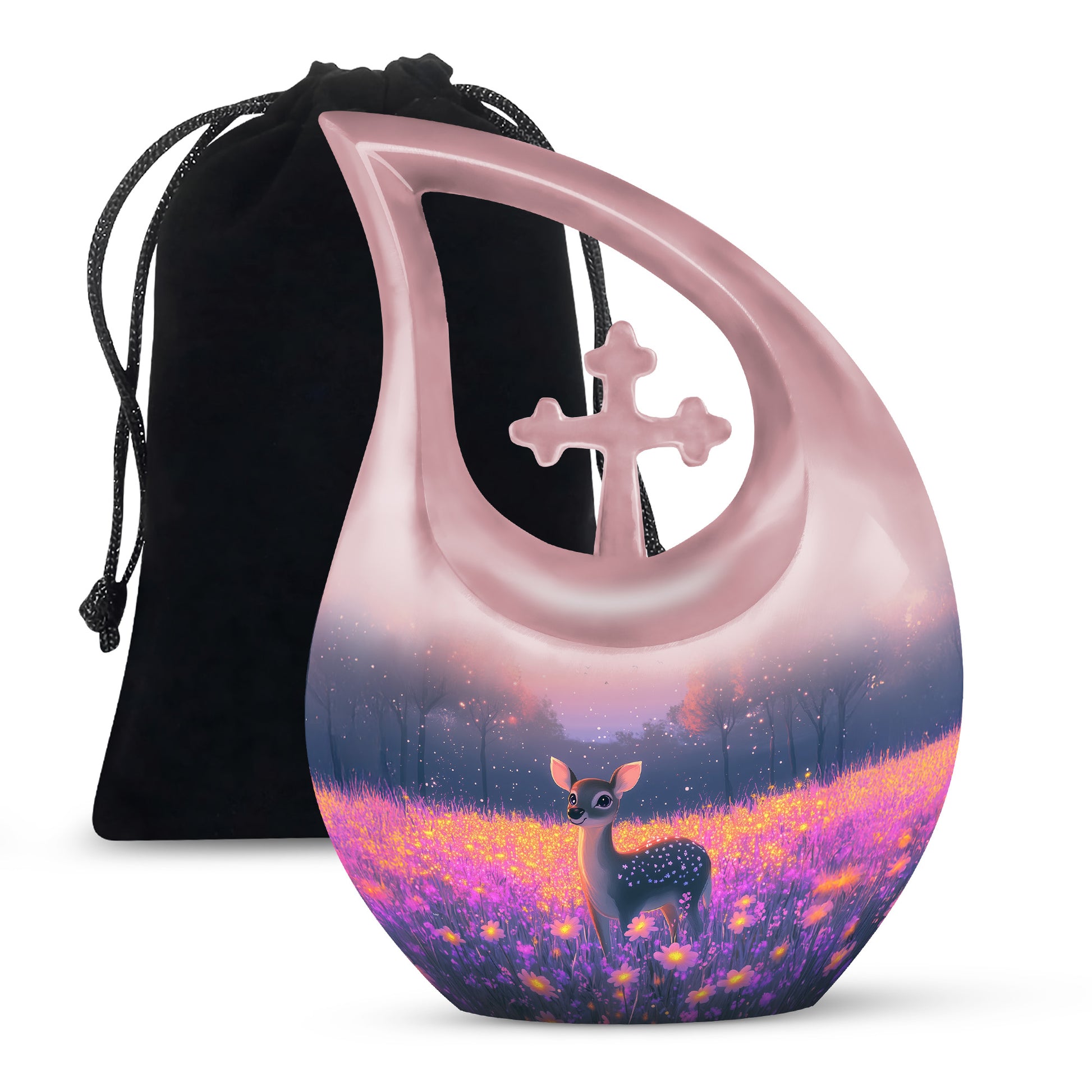 Dusty Pink Deer Cremation Urn top-down view of secure threaded lid - faith-inspired cross-drop urn with deer pattern - full-size 10 inch 200 cubic inch adult cremation urn