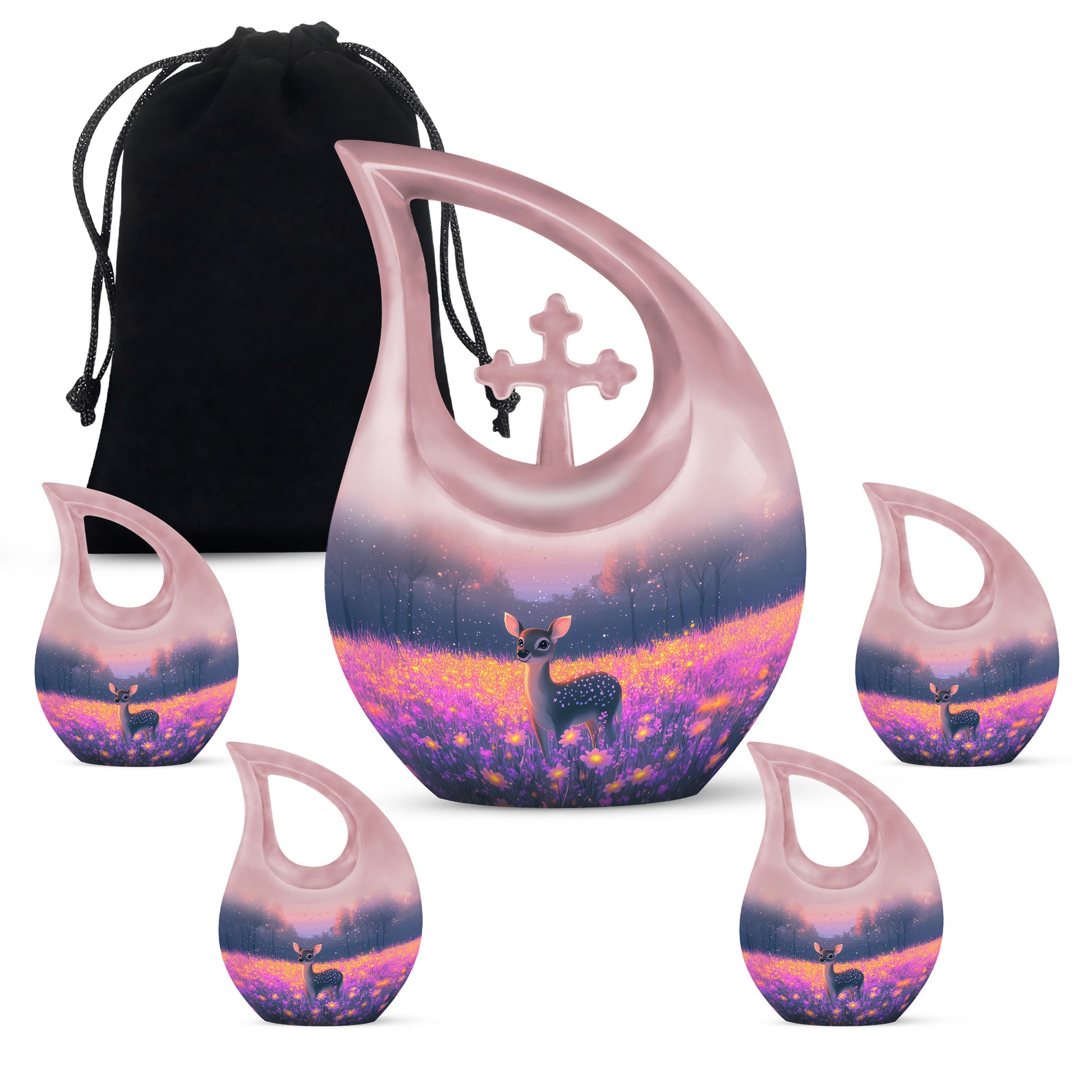 Dusty Pink Deer Cremation Urn urn with complimentary velvet bag - faith-inspired cross-drop urn with deer pattern - memorial set with one large and four small urns