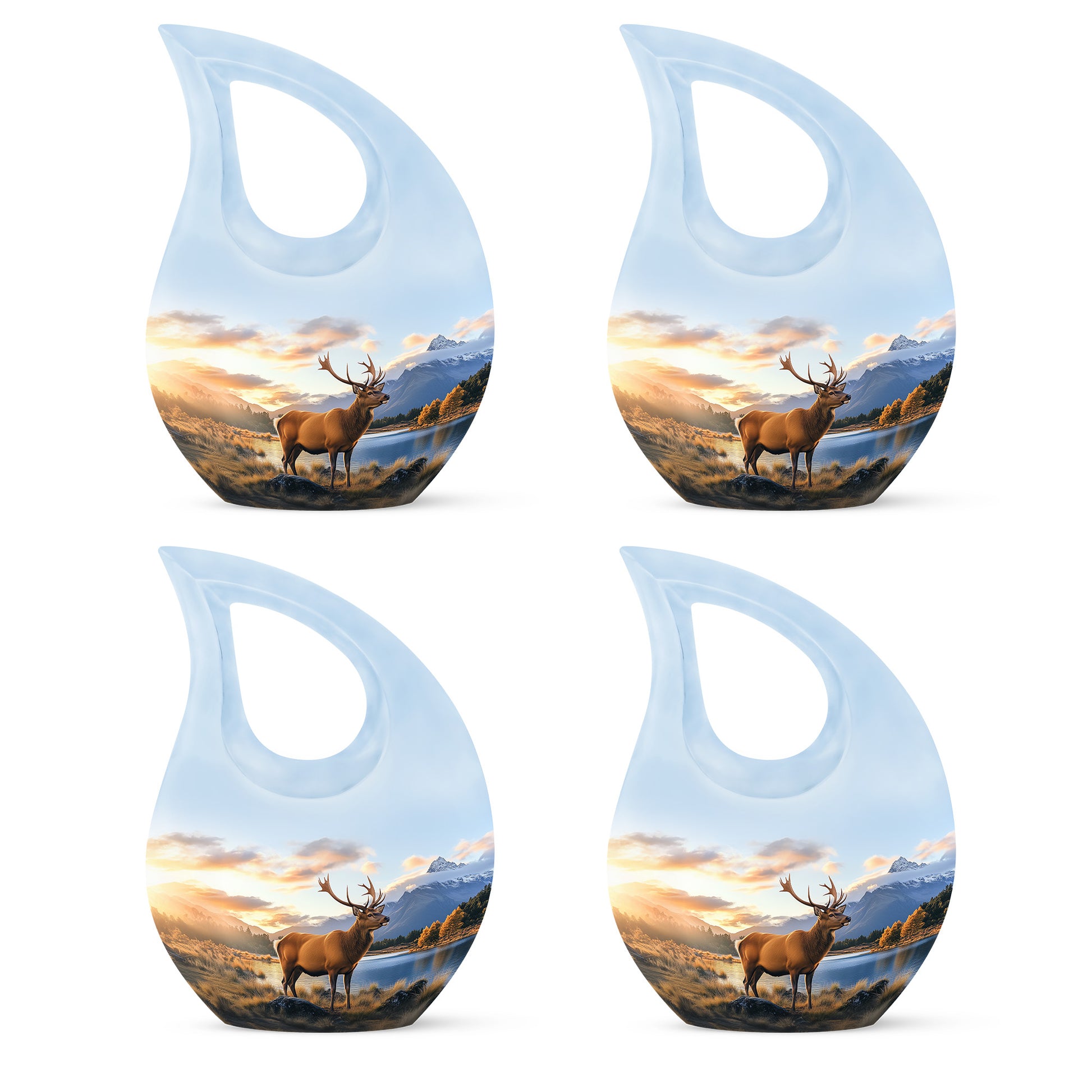 Royal Blue Deer Cremation Urn lifestyle display on memorial shelf - faith-inspired cross-drop urn with deer pattern - 10 inch aluminum urn for cremated remains
