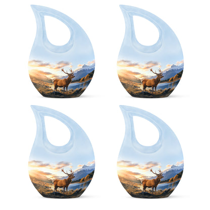 Royal Blue Deer Cremation Urn lifestyle display on memorial shelf - faith-inspired cross-drop urn with deer pattern - 10 inch aluminum urn for cremated remains