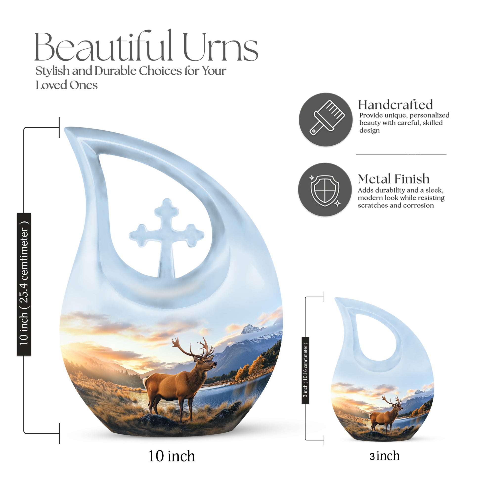 Navy Blue Deer Cremation Urn back view with polished surface - cross and deer combined in spiritual memorial design - mini keepsake memorial for portion of cremation ashes