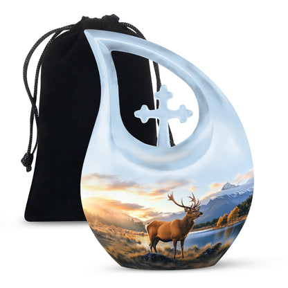 Calming Blue Deer Cremation Urn top-down view of secure threaded lid - devotional cross-drop deer engraving - full-size 10 inch 200 cubic inch adult cremation urn
