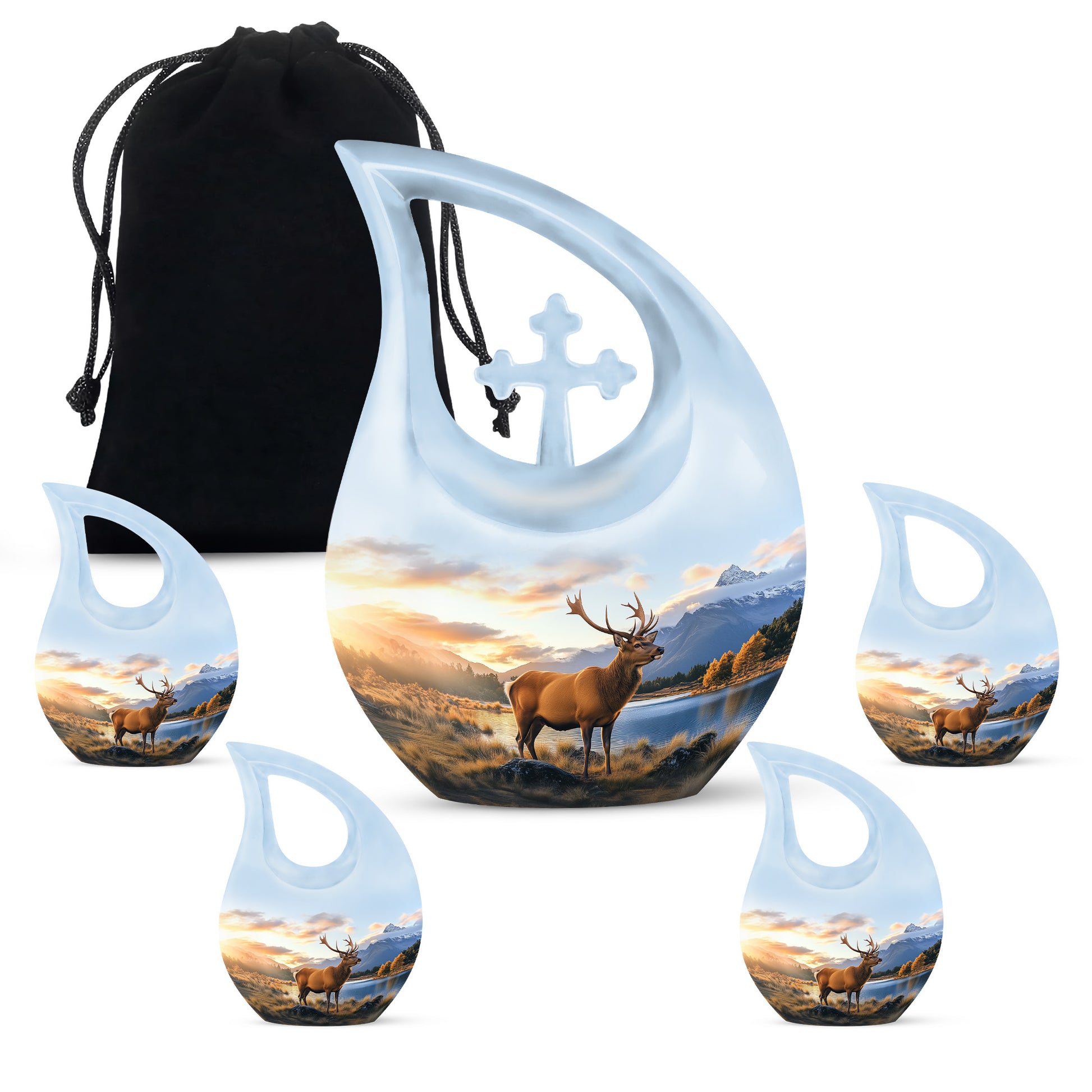 Calming Blue Deer Cremation Urn urn with complimentary velvet bag - faith-inspired cross-drop urn with deer pattern - memorial set with one large and four small urns