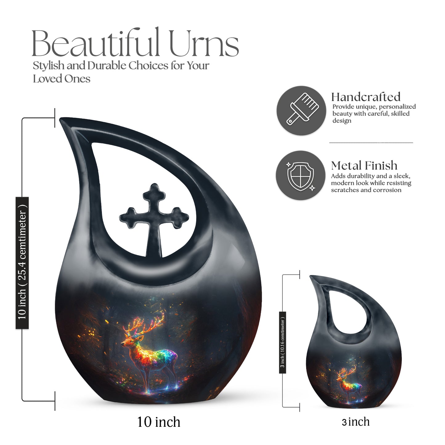 Vivid Blue Deer Cremation Urn back view with polished surface - faith-inspired cross-drop urn with deer pattern - mini keepsake memorial for portion of cremation ashes