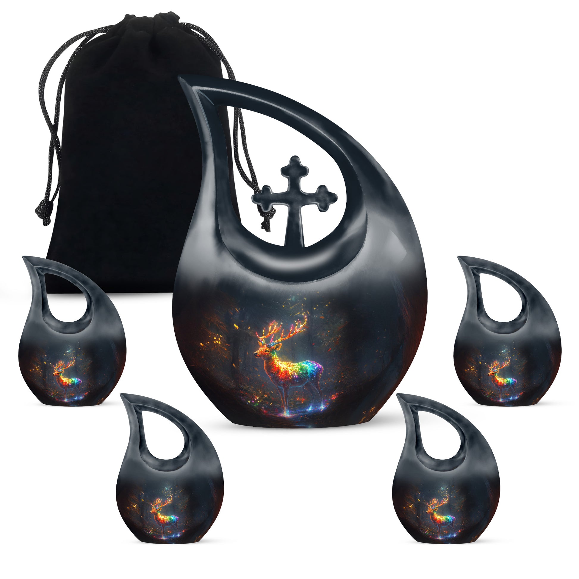 Indigo Deer Cremation Urn urn with complimentary velvet bag - sacred cross merged with deer motif on metal - memorial set with one large and four small urns