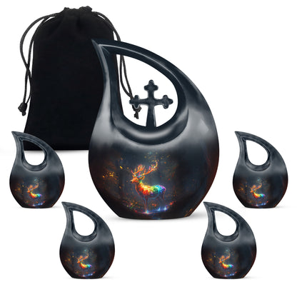 Indigo Deer Cremation Urn urn with complimentary velvet bag - sacred cross merged with deer motif on metal - memorial set with one large and four small urns