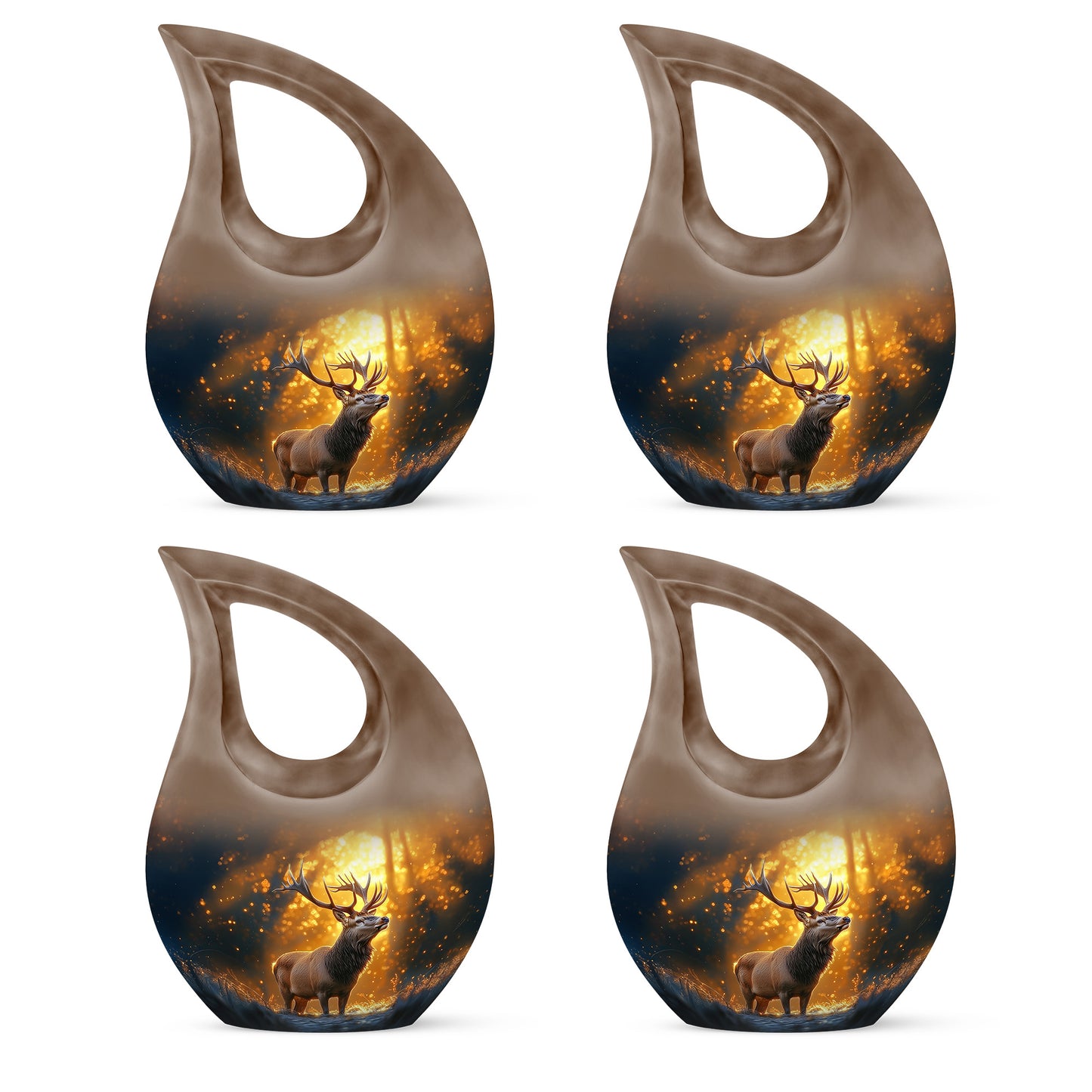 Amber Gold Deer Cremation Urn lifestyle display on memorial shelf - cross and deer combined in spiritual memorial design - 10 inch aluminum urn for cremated remains