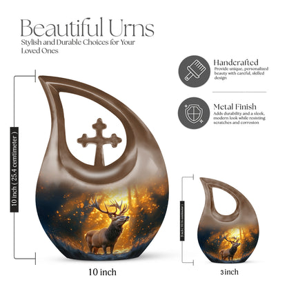 Warm Gold Deer Cremation Urn back view with polished surface - devotional cross-drop deer engraving - mini keepsake memorial for portion of cremation ashes