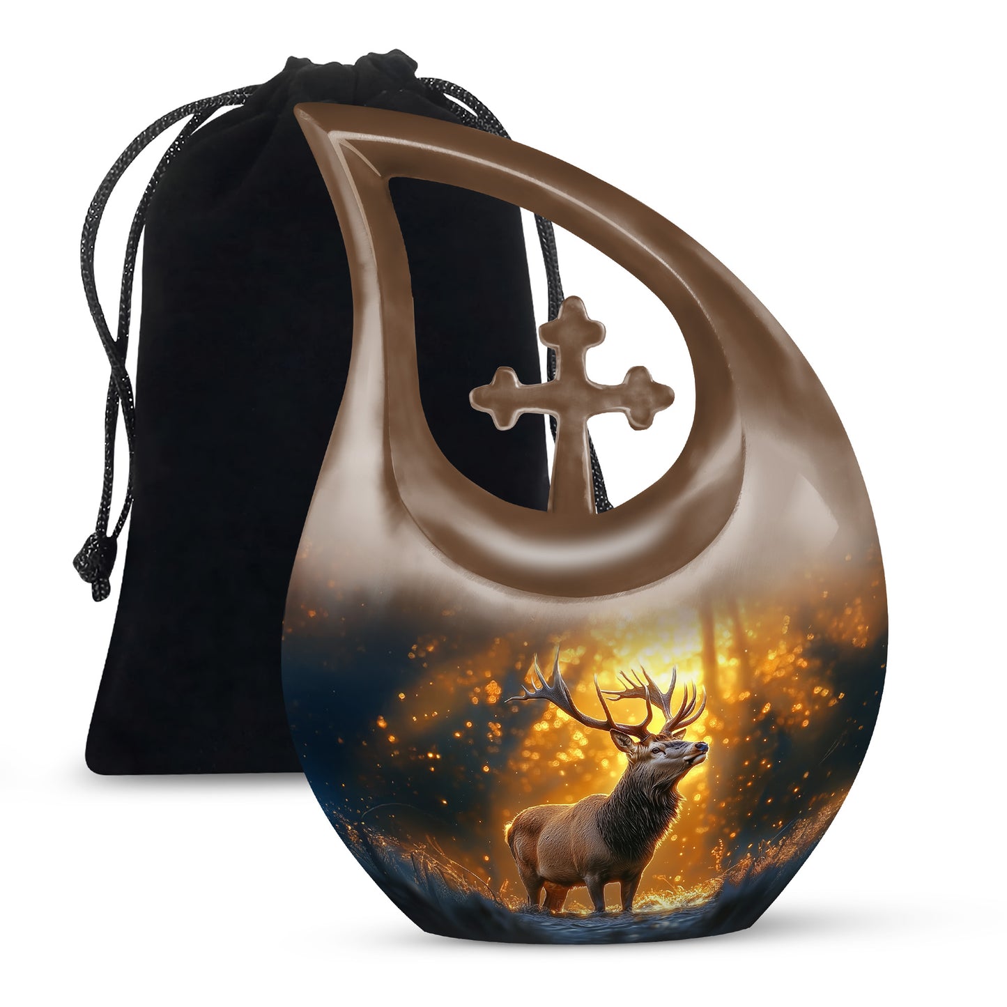 Burnished Gold Deer Cremation Urn top-down view of secure threaded lid - devotional cross-drop deer engraving - full-size 10 inch 200 cubic inch adult cremation urn