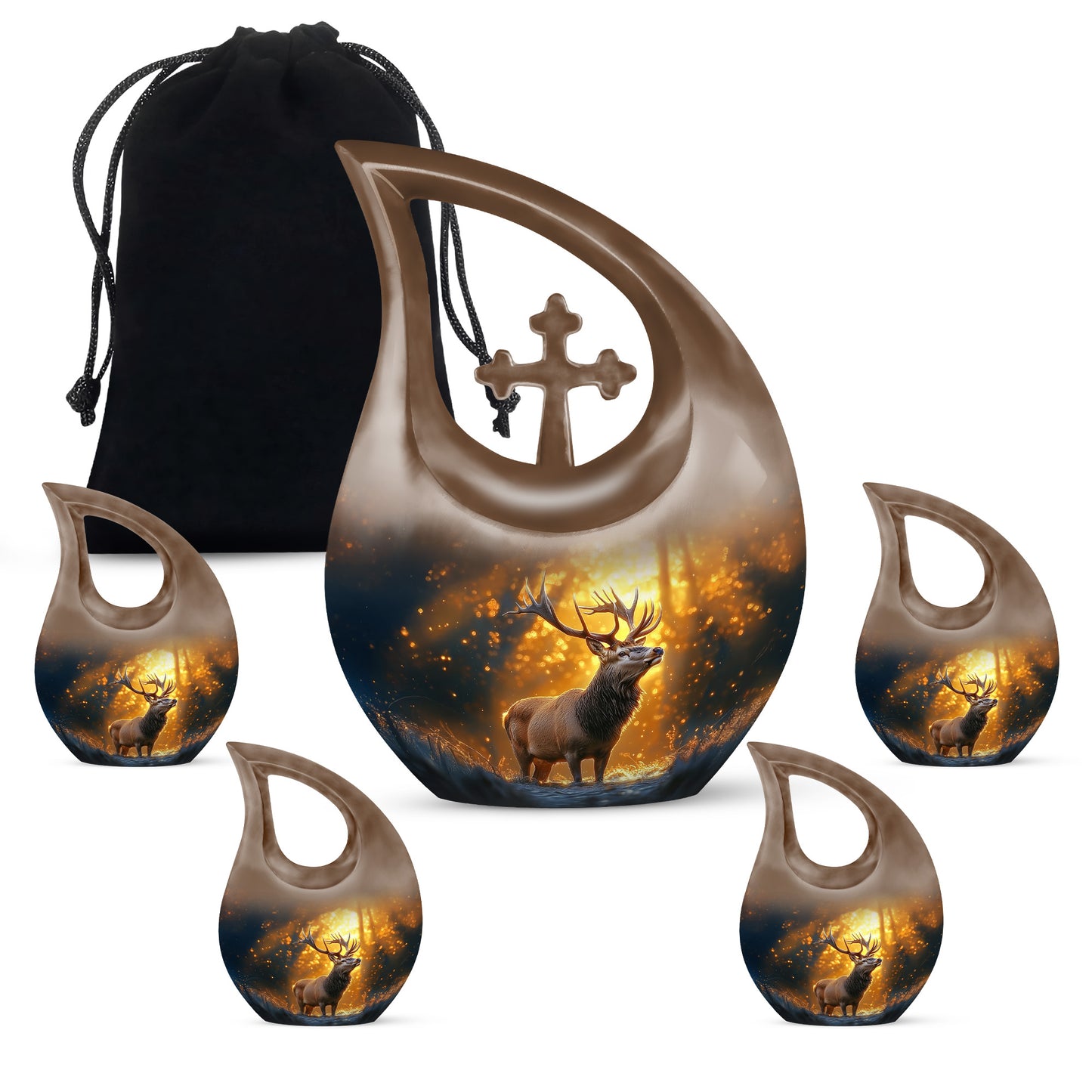 Matte Gold Deer Cremation Urn urn with complimentary velvet bag - devotional cross-drop deer engraving - memorial set with one large and four small urns