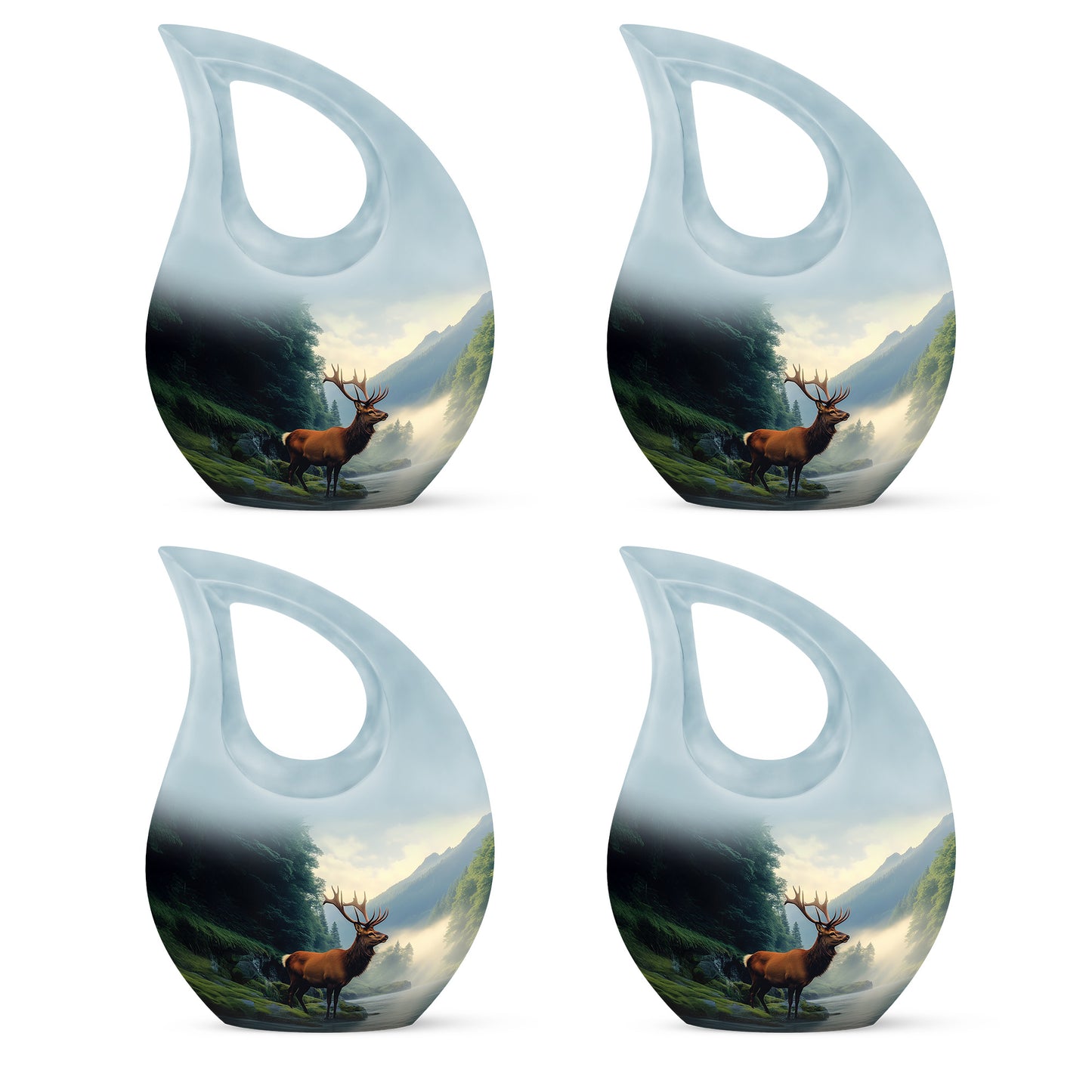 Serene Blue Deer Cremation Urn lifestyle display on memorial shelf - devotional cross-drop deer engraving - 10 inch aluminum urn for cremated remains