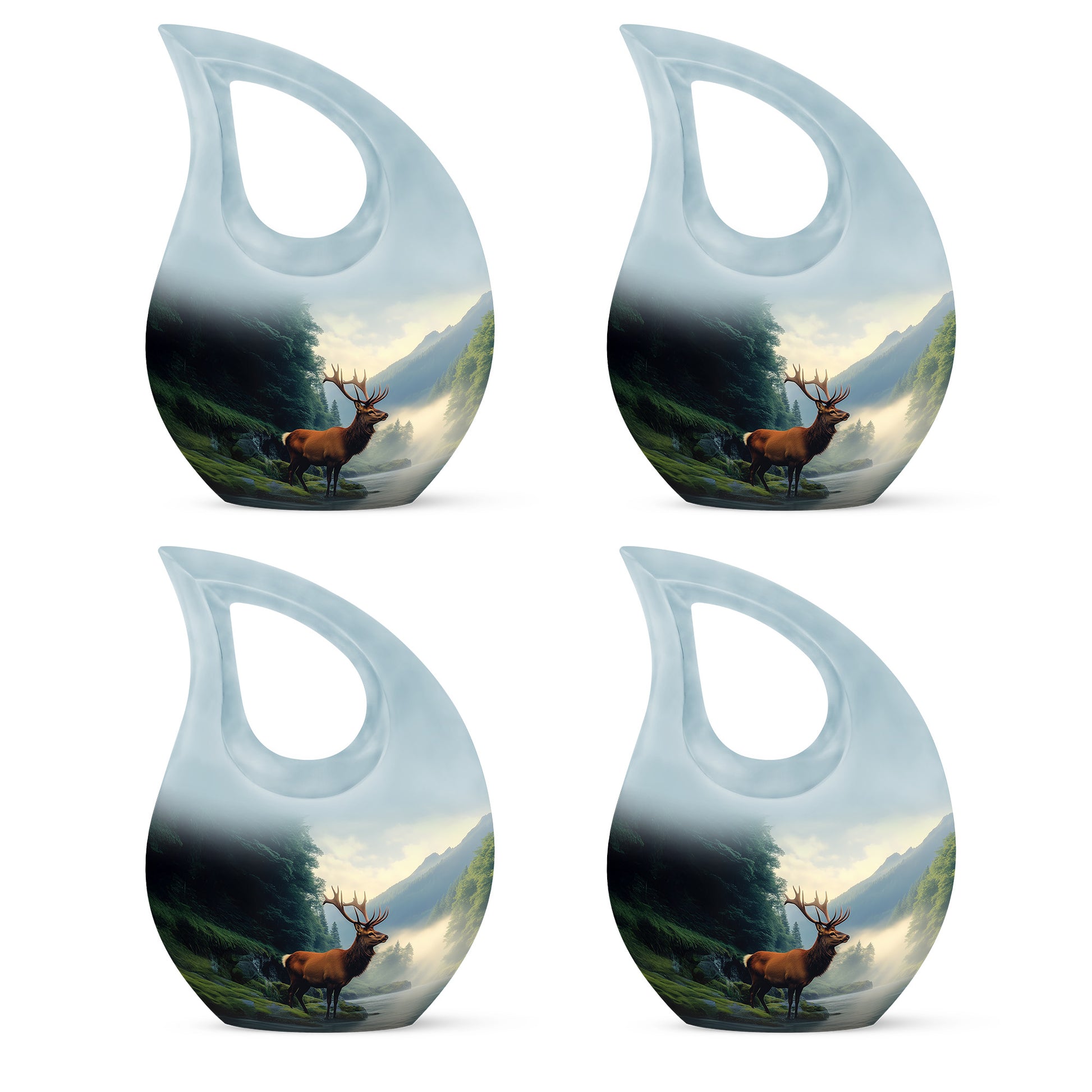 Serene Blue Deer Cremation Urn lifestyle display on memorial shelf - devotional cross-drop deer engraving - 10 inch aluminum urn for cremated remains